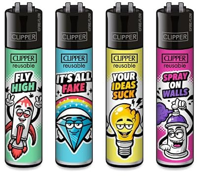 FIRE-FLOW Clipper Feuerzeuge 4er Set Snappy Slogan, CL5A1330DEH