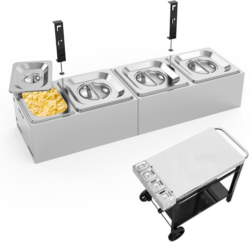 BBQMall Universal Topping Station for Grill Table,Condiment & Topping Station for Pizza Oven Stand, 4 Stainless Steel Seasoning Food Containers with Lid, Pizza Oven Accessories Serving Tray