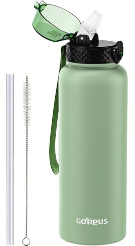 GOPPUS 1.2L/40oz Stainless Water Bottle with Straw Double Wall Insulated Bottles with Strap Large Vacuum Thermal Flask Leakproof Keep Cold Drinks Bottles with Flip Top Lid for Men Women BPA Free
