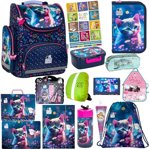 Goldkids - Schulranzen für Jungen und Mädchen, 15er-Set - Schul-Rucksack für Kinder mit Federmäppchen - Schuhbeutel Malunterlage Sammelmappe und Hausaufgabenheft - Katze Motiv - 1-3 Klasse