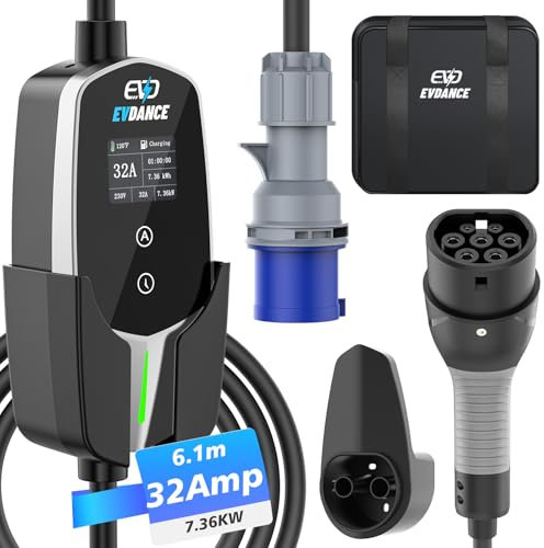 EVDANCE EV Charger Type 2 to CEE Plug [7.36KW, 1 Phase, 6.1M/20ft, 10A-32A] 12 Hours Delay Timer, IP66 Waterproof, Electric Car Charger Cable with Commando Plug and LED Display, Sliver