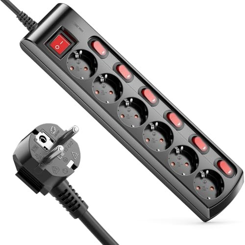 deleyCON 6 Fach Steckdosenleiste Einzeln Schaltbar 3,0m Kabel (6X EIN/Aus Schalter und 1x Hauptschalter) Strom Stromleiste Mehrfachsteckdose mit Kindersicherung - Schwarz