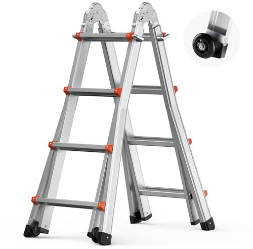 VEVOR Teleskopleiter mit A-Rahmen, 13 Fuร kompakte Aluminium-Ausziehleiter, multifunktionale, Wohnmobilleiter, Teleskopleiter fรผr Hausaufgaben, Treppen, Innen- und Auรendรคcher, 150 kg Tragkraft