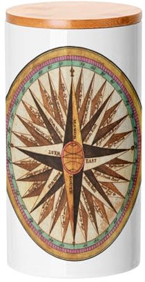 Fabulous Vaso in ceramica con coperchio in bambù - Rosa dei Venti Bussola Antica Pittura Strumenti di Navigazione Vintage - 887 ml (30 once) - Barattolo per utensili