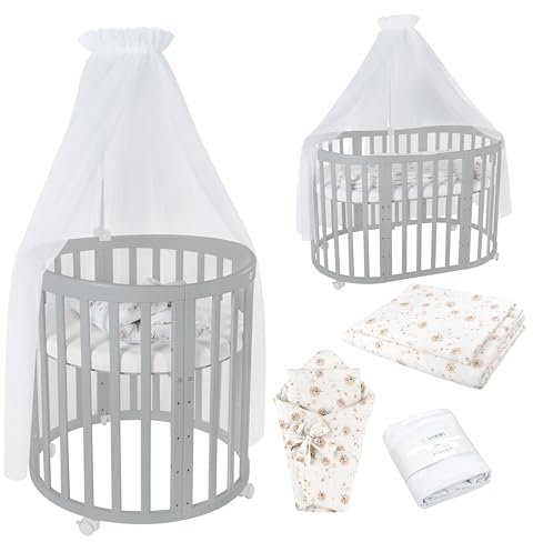 Waldin Oval Baby-Bett Mitwachsend Komplett Set 7in1, Gitterbett, Kinderbett mit Matratze, Wickelkommode, Beistellbett, Holz Grau, Stoffe Weiß Löwenzahn