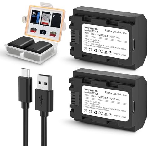 2 Pack 2880mAh NP-FZ100 Akku, USB-C Schnelllade-Ersatzakku Kompatibel mit Sony A7R IV, A7R III, A7 III, A7C, A7C II, A6500, A6600, A6700, FX3, ZV-E1 mit Einer Aufbewahrungsbox