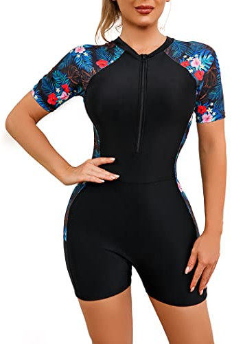 EFOGEP Swimming Costume with Shorts: Women's One-Piece Swimsuit Short Sleeve Zipper Boyleg Rash Guard with Tropical Floral Print UPF 50+ Surfing Bathing Modest Swimwear Beachwear Red Flower S
