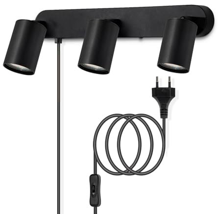 Dehobo Wandlampe mit Stecker 3 Flammig GU10 - Drehbare 350°Schwarz Wandleuchte Innen mit Schalter - Wandleuchte Schlafzimmer mit Stecker für Schlafzimmer Wohnzimmer Korridor Ohne Leuchtmittel