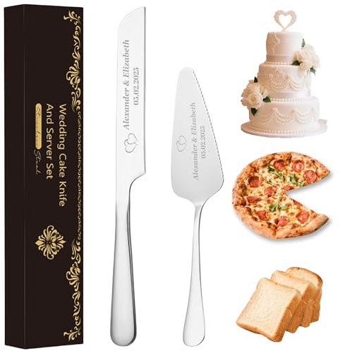 Tortenheber Set mit Tortenmesser und persönlicher Gravur, Edelstahl Hochzeitsgeschenk für Brautpaare - Persönlich gravierte Tortenbestecke für Hochzeit, Jahrestag, Geburtstag - Geschenkbox inklusive