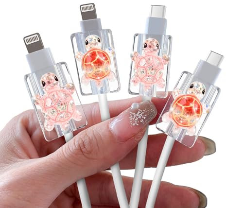 DiyGody 4 Pcs Cute Cable Protectors Compatible for Apple Cables, Charger End Cord Protector with 3D Glittery Turtle Design, Data Cable Protection Compatible with iPhone iPad USB Type-C/L, Orange