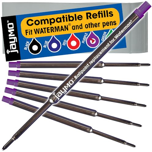 Jaymo Replacement for Waterman 834254/834264 - Measures 4.4 in / 112 mm Long - Ballpoint Pen Refill - 6 Purple