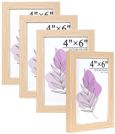 Baoee Bilderrahmen Eiche 10x15cm 4er Set, Holz Fotorahmen mit Acrylglas zum aufhängen und aufstellen, MDF-Holzrahmen für Fotos, Bilder