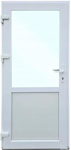 Haustür Kunststoff 90x210 cm DIN Links | Nebeneingangstür mit Sicherheitsverglasung | Kellertür Komplettset für Shop, Garage, Haus | Eingangstür mit 4-Punkt-Schloss und Zubehör | Weiß