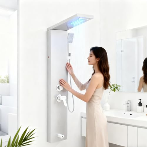 HARNART Système de Panneau de Douche avec 5 Modes,Tour de Panneau de Douche LED 2 Jets de Massage Corporel Bec de Baignoire Pomme de Douche à Main avec Tuyau 1.5 m,Brossée Ensemble de Douche