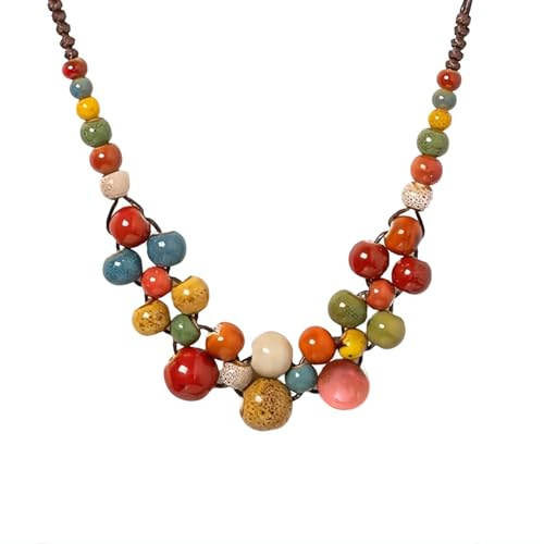 Floruvia Boho Hippie Keramik Perlenhalskette für Damen, Statement Chunky Bohemian Herbst Bunte Perlen Strang Herbst Halskette