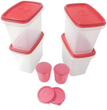 Tupperware 4 Stück Eidgenosse Eckig Eidgenossen Kompaktbehälter Vorrat Modular Kühlschrank System 0,8 Liter 800ml rot transparent 4er XXL Set + Geschenk 2 x Wichtel rot 90ml von Signoraware