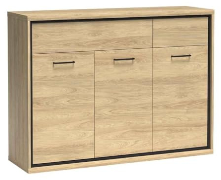 Masseno Kommode Syndra 135 cm Sideboard mit Schubladen und 3 Türen für Wohnzimmer Schlafzimmer Modern 135x41x101 cm Eichefarben