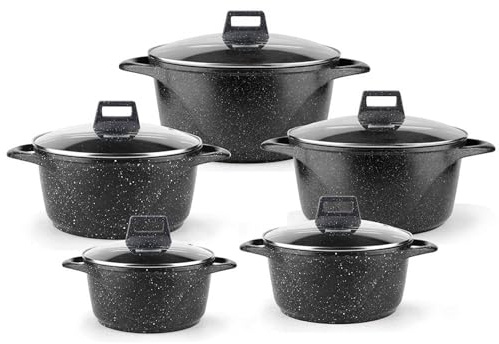 EVERYPAN Speckled Granite Pot Set – 5 Piece Non-Stick Cooking Pots with Glass Lids, Induction & All Hob Compatible, Durable Aluminium Cookware Set (Black)
