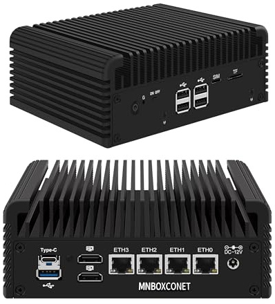 MNBOXCONET Lüfterloser Mini PC N95 Firewall Appliance, 4 x 2.5Gbe LAN, Barebone 32GB Ram 2TB SSD, Router/Home Computer Hardware Büro, SD SIM Card Slot, 5USB, Triple Display