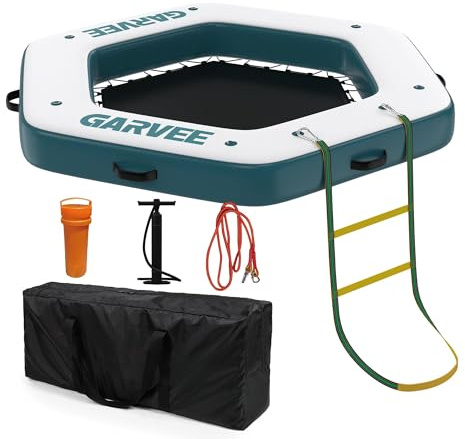 Vielseitige Aufblasbare Schwimmende Plattform mit Rutschfester Eva-Oberfläche & Seilleiter, Integrierter 1.5m Trampolin-Netzpool, Perfekte Wasserinsel und Schwimmdock für See, Pool, 2.59 * 2.59m