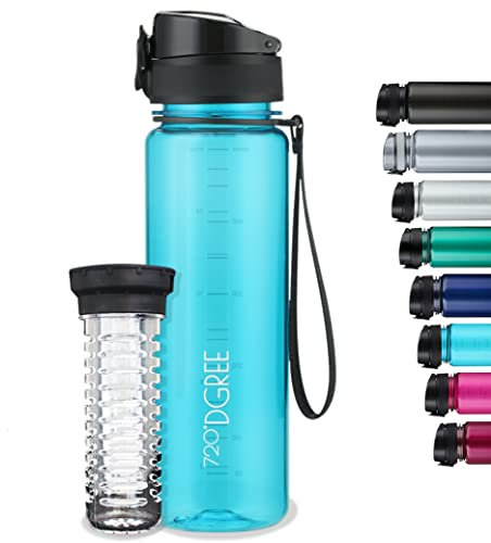720°DGREE Trinkflasche Kinder 500ml “uberBottle“ crystalClear +Früchtebehälter - BPA-Frei, Auslaufsicher - Für Schule, Sport, Fitness - Tritan Wasserflasche: Schmal, Leicht, Stoßfest, Wiederverwendbar