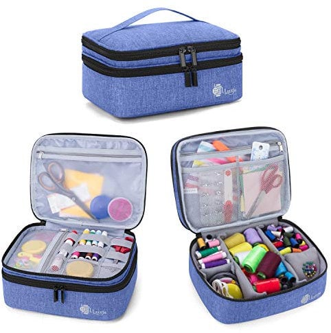 Luxja Nähaufbewahrung Tasche, Tragetasche für Nähzubehör, Doppelschicht Nähzubehör Organizer für Nadeln, Faden und andere Nähwerkzeuge (Ohne Zubehör), Blau