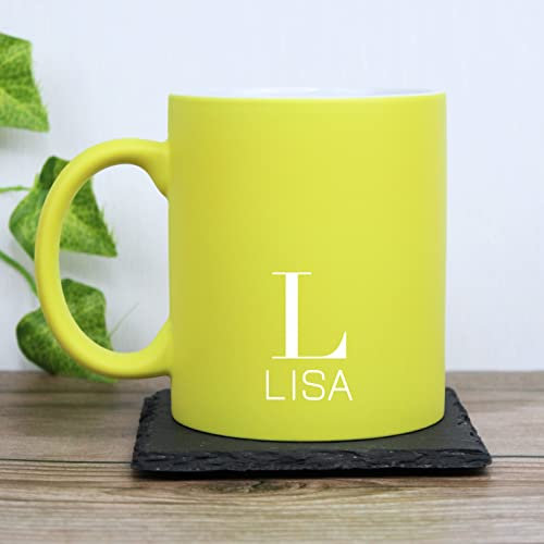 eBuyGB Personalised Neon Coffee Mug 310ml Ceramic Laser Engraved Bright Fluorescent Matt Finish Tea Cup - Customised Birthday, Christmas, Wedding Gift Idea - Custom Name & Initial Design (Yellow)