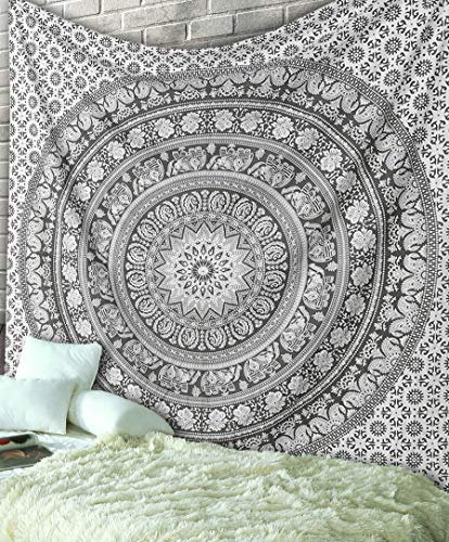 RAJRANG BRINGING RAJASTHAN TO YOU Tapiz Mandala Colgar en la Pared - Gris Tapices Decorativo Cubierta Decorativa Casera Etnica India Tapestry - Gris - 152 x 127 cm