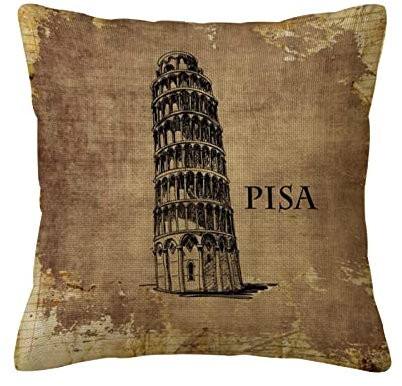 Correngo Kissenbezüge aus Baumwollleinen,Schiefer Turm von Pisa, nostalgisches Wahrzeichen, Vintage, dekorativer, urbaner Stil, Quadratischer Kissenbezug Home Sofa Dekoration Kissenbezug 18 x 18