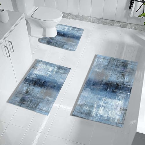 MUGINYU Blaues Badezimmerteppich-Set, 3-teilig, marineblaue Badezimmermatten für Dekoration, graues Ombré-abstraktes ästhetisches Bauernhaus, dünnes Gummi, Kieselgur, schnell trocknend