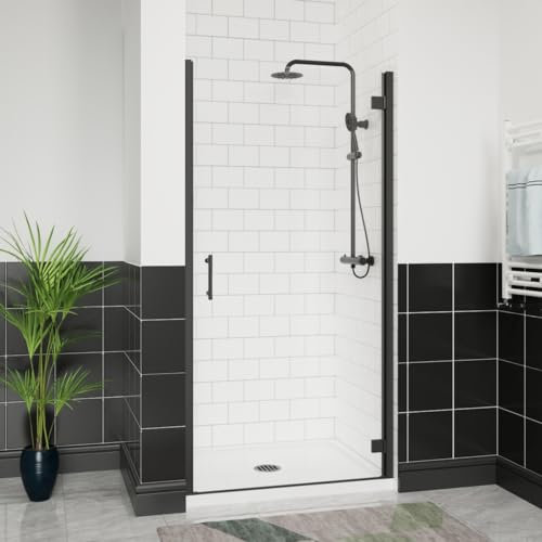 Aquariss 900mm Hinged Shower Enclosure Door with Stainless Steel Handle, Brass Hinges 6mm Self Clean Glass Screen Walk in Matte Black Framed