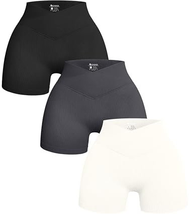 OQQ 3-teilige Yoga Shorts für Damen Gerippt Nahtlos Workout Hohe Taille überkreuzte Athletische Shorts Schwarz Grau Beige