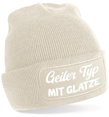 One Size Beanie, Mütze mit Spruch: Geiler Typ mit Glatze, oder Bauch, oder Bart (DE/NL/SE/PL, Alphanumerisch, Einheitsgröße, beige Geiler Typ mit Glatze)