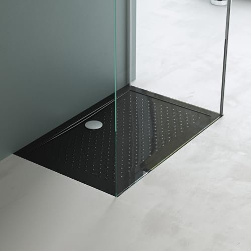 Mai & Mai Plato de Ducha 80x120x4 cm Antideslizante – Acrílico Negro, Rectangular, Conexión DIN Estándar, Instalación a Ras de Suelo o en Sobresuelo, Lucia02