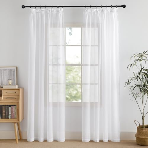 PONY DANCE Wohnzimmer Vorhang 230 cm Lang Stores Gardinen mit Kräuselband Weiß Vorhänge für Schiene Weiss Voile Gardine Leinenoptik Transparent White Curtains Living Room, H 230 x B 140 cm