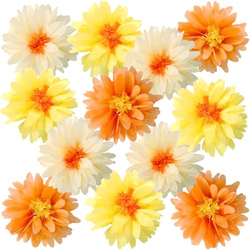 SUNBEAUTY 12 Stück Papierblumen Pompons Deko Pompons Gelbe Orange Papierblumen Zum Aufhängen Zimmer Deko Aesthetic für Gänseblümchen, Gartenparty, Hochzeit,Babyparty,Geburtstag Mädchen,Sommerfest Deko
