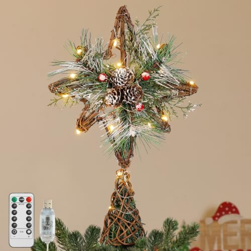 Lewondr Weihnachtsbaumspitze, 13,19 20 LED Rustikale Rattan Weihnachtsstern Baumspitze Mit Tannenzapfen Und Blättern, 6H Timer, 8 Lichtmodi, USB Und Fernbedienung Weihnachtsbaumspitze Stern, Braun