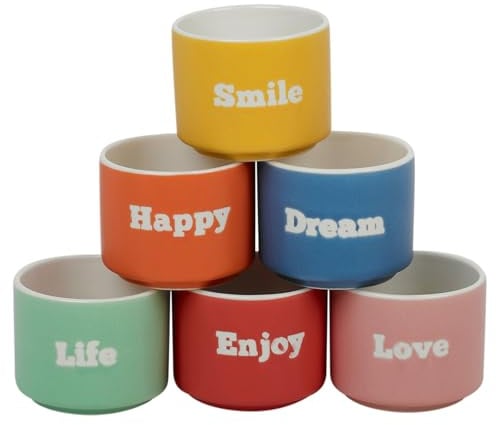 URBN-CHEF Set of 6 Small 60ml Assorted Colour Mini Porcelain Espresso Mugs – Coffee Cups with Positive Text, Dishwasher & Microwave Safe