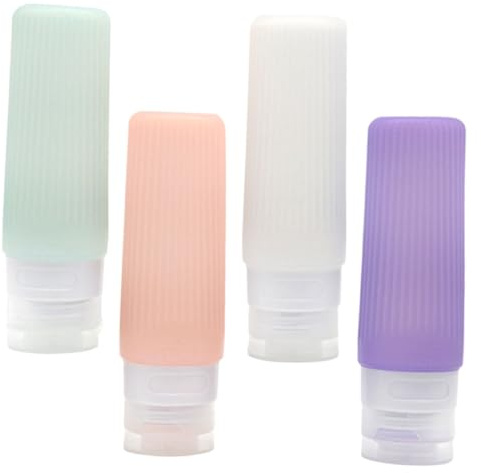 BELLIFFY 4 Stück 4 teiliges Silikon Reise Flaschen Auslaufsichere Nachfüllbare Quetschflaschen für Shampoo Lotion Kosmetik BPA frei Tragbar mit Farbigen Deckeln Grün Rosa Weiß Flieder