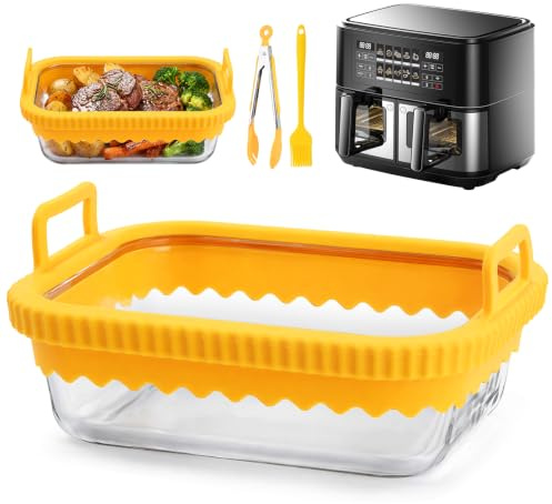 Ecofocet Pirofila Airfryer,Teglia Vetro da Forno,Air Fryer Glass Baking Tray,Con Manici in Silicone,Spazzola,Pinze,Pinze da Barbecue,per Accessori Ninja Airfryer AF400EU/DZ400EU/AF500EU (Giallo)