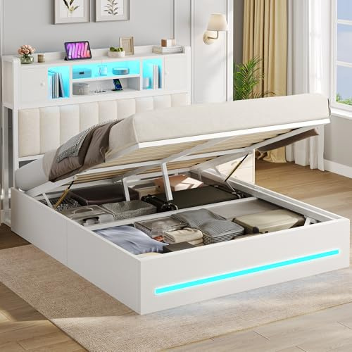 AOGLLATI Bett 140x200 mit Hydraulischem Stauraum & Kopfteil Stauraum | Jugendbett mit LED Beleuchtung & Ladestation Polsterbett Doppelbett mit Lattenrost aus Holz(Weiß, 140x200cm)