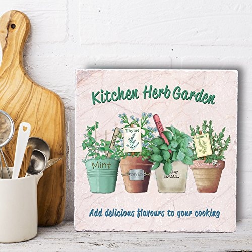 Marble Trivet or Wall Art Tile - Kitchen Herb Garden Design