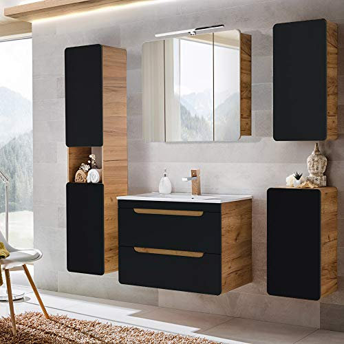 Badezimmermöbel Komplett Set mit Keramik-Waschbecken mit 80 cm Waschtisch-Unterschrank, seidenmatt antrhazit mit Wotan Eiche Nb., Hochschrank, Hängeschrank, Unterschrank und LED-Spiegelschrank