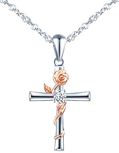 INFINIONLY Kreuz Halskette für Damen und Mädchen, 925 Silber Halskette, Silberne Kreuz Anhänger passt zum rose gold Blumen, Eingelegt Zirkon, Farbgalvanischer Prozess, Stilvoll und Elegant