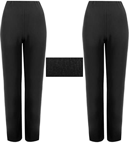 2 Pack Womens Straight Leg Trousers Finely Soft Ribbed Stretch Pull On Ladies Pants Casual Full Elasticated Waist Bottoms (Black 26/31)