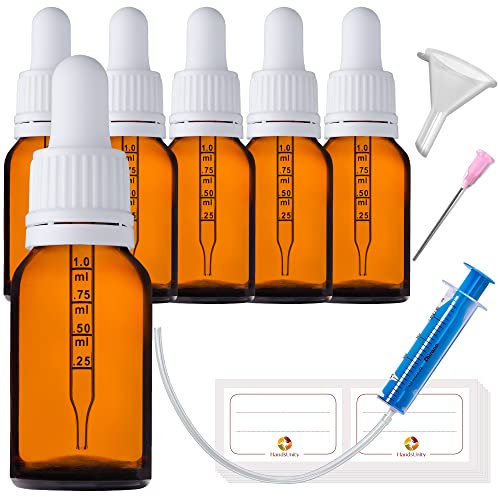 HandsUnity 15ml-6Stk Pipette Glasflasche - Bernsteinglas-Apothekenglas-Set mit weißem Pipettenverschluss inkl. 17 Stück Hilfsmittel Braunglasflaschen