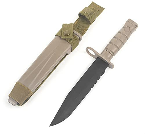 QIRUIMY Tactical M10 Bayonet Plastic Knife,Bendable Rubber Combat Knife with Sheath,Airsoft Military Training CS Dagger Model Dress Up Wargame Accessory (Brown)