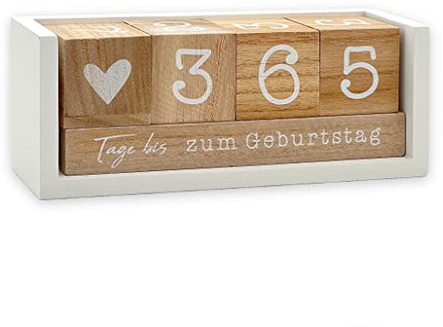 Jahres Countdown Kalender Würfel aus Holz mit Themenleiste - Dauer-Jahre-Tisch-Kalender - Lückenlose Tagezählung bis zu 432 Tagen für Hochzeiten, Geburtstage, Prüfungen und mehr (Weiß/Natur)