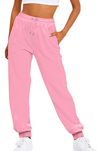 2023 New - Pantaloni della tuta da donna in pile allentato casual in tinta unita con coulisse in tinta unita pantaloni della tuta comodi per le donne, rosa, M