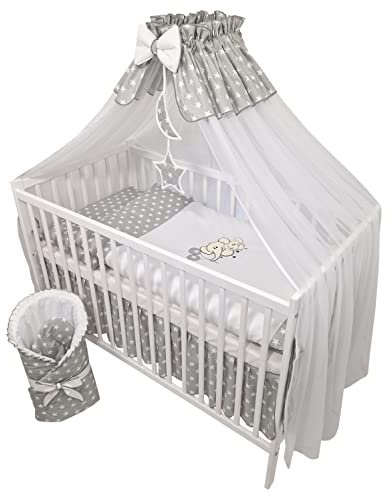 Bello24 - 11 Teiliges Kinderbettwäsche Babybettwäsche Komplettset ohne Bett Bestickt mit Elefanten Grau (100x135 cm)